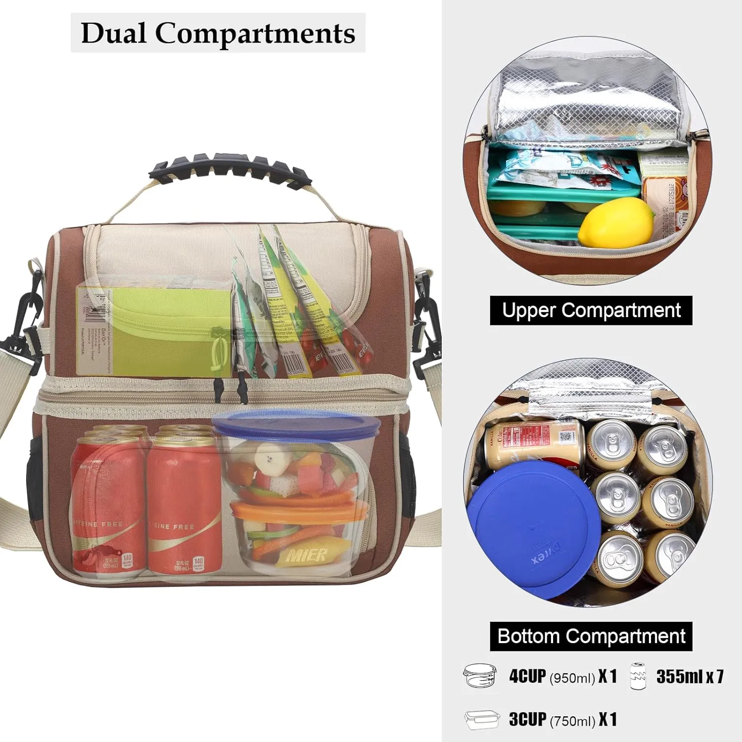 MIER 2 Compartment Lunch Bag Tote with Shoulder Strap for Men and Women Insulated Leakproof Cooler Bag, Khaki