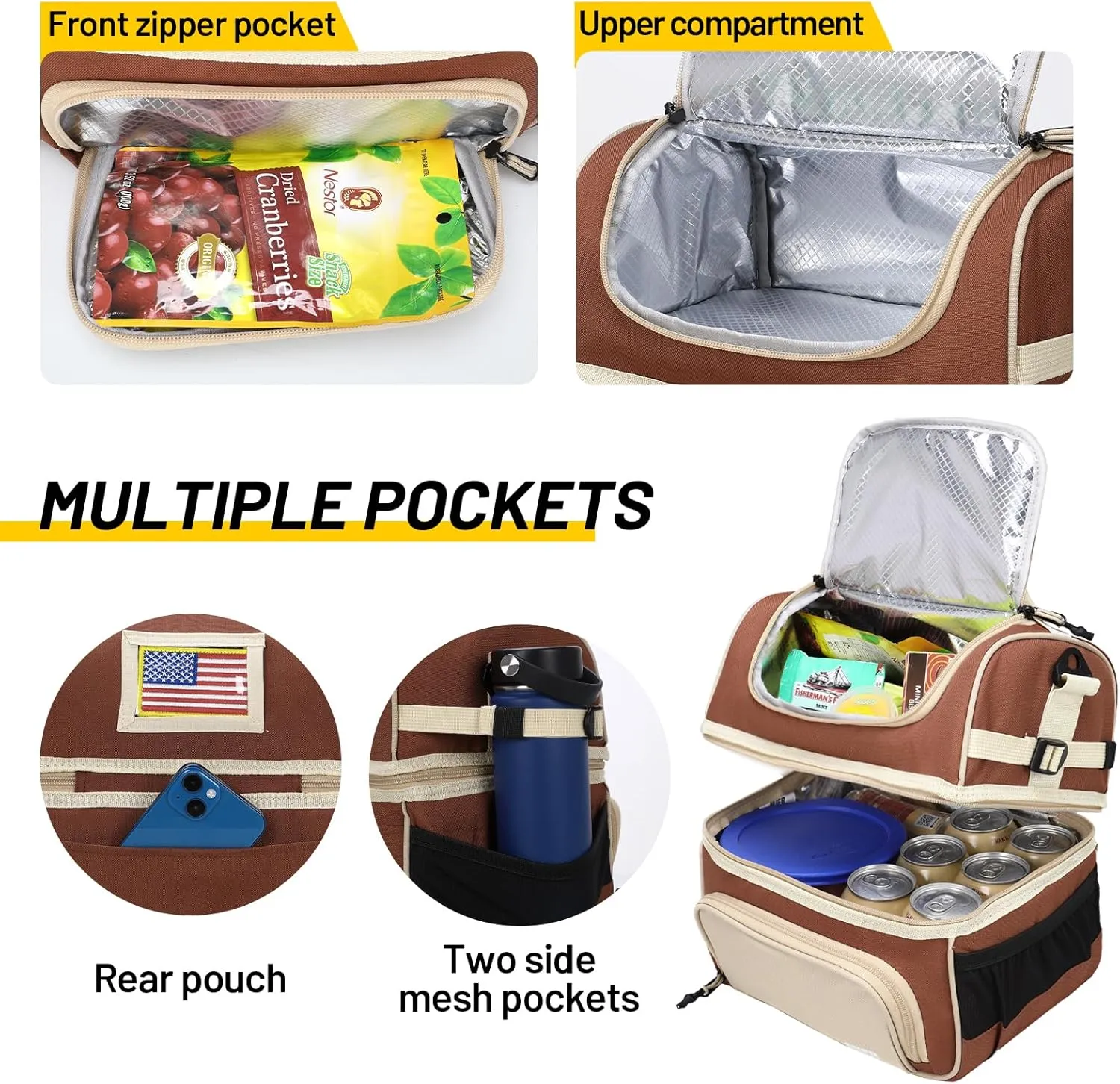 MIER 2 Compartment Lunch Bag Tote with Shoulder Strap for Men and Women Insulated Leakproof Cooler Bag, Khaki