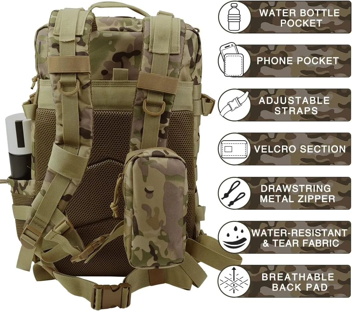 Military Tactical Backpack,Sturdy Work & Molle Laptops Rucksack,Army Assault Pack for Hiking Camping Travel Fishing Gym, Camo