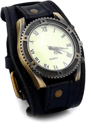 MINILUJIA Handmade Vintage Retro Punk Men Wrist Watch Bronze Dial Wide Genuine Leather Band Cuff Quartz Man Watches for Halloween