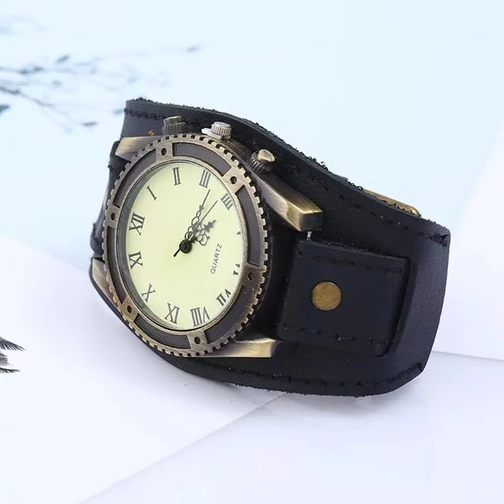 MINILUJIA Handmade Vintage Retro Punk Men Wrist Watch Bronze Dial Wide Genuine Leather Band Cuff Quartz Man Watches for Halloween