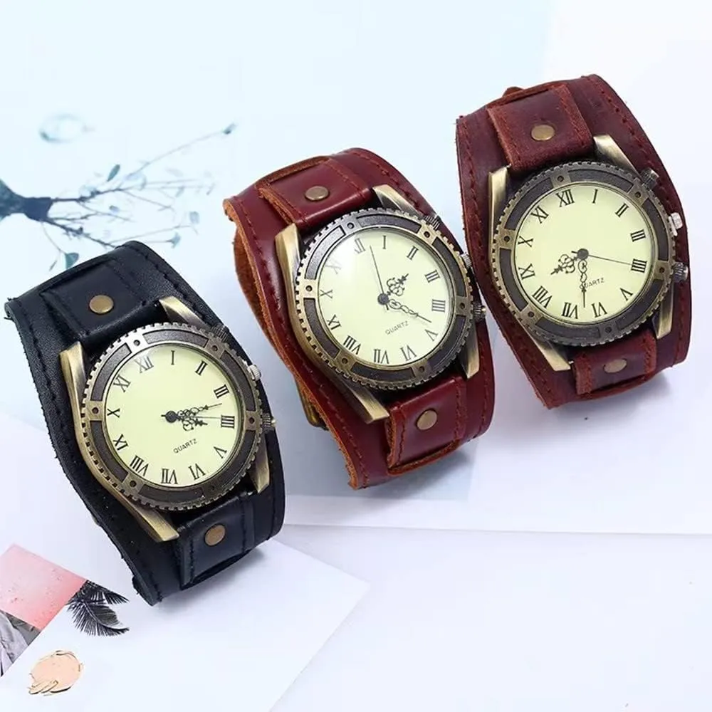MINILUJIA Handmade Vintage Retro Punk Men Wrist Watch Bronze Dial Wide Genuine Leather Band Cuff Quartz Man Watches for Halloween