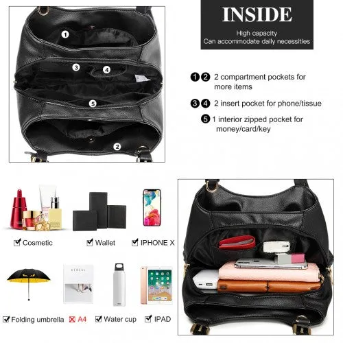 Miss Lulu Multi Compartment Shoulder Bag - Black