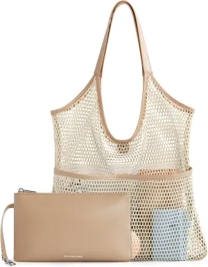 Missnie Women Mesh Beach Bag - Sandproof Foldable Summer Tote Leather Hobo Purse with Pouch for Vacation, Travel Essentials