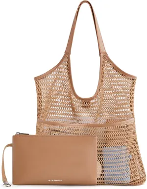 Missnie Women Mesh Beach Bag - Sandproof Foldable Summer Tote Leather Hobo Purse with Pouch for Vacation, Travel Essentials