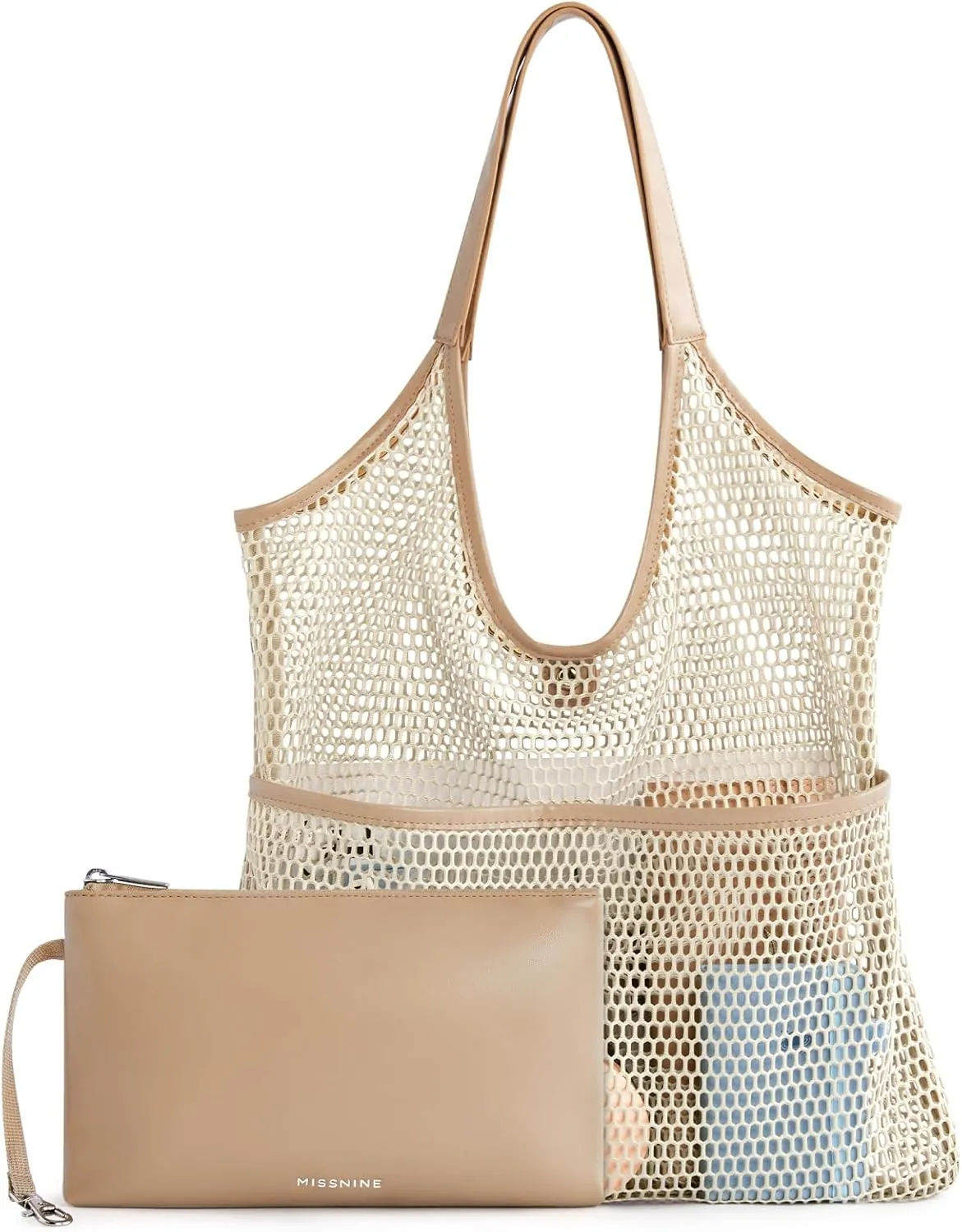 Missnie Women Mesh Beach Bag - Sandproof Foldable Summer Tote Leather Hobo Purse with Pouch for Vacation, Travel Essentials