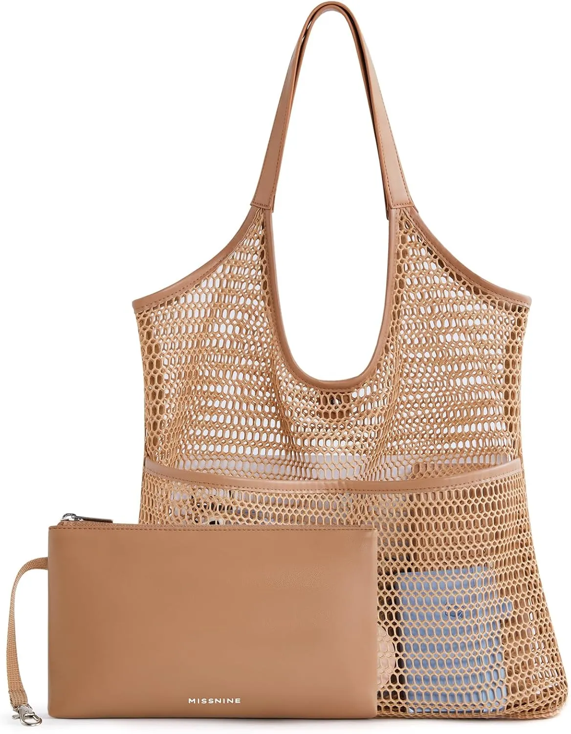 Missnie Women Mesh Beach Bag - Sandproof Foldable Summer Tote Leather Hobo Purse with Pouch for Vacation, Travel Essentials