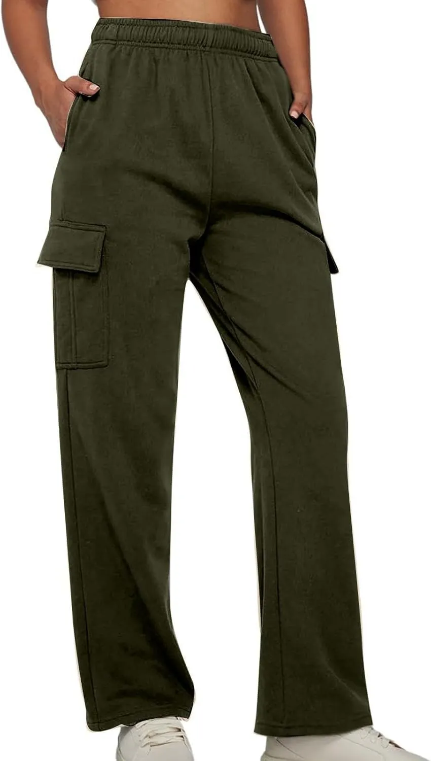 Miyaomn Women's Elastic Waisted Athletic Cargo Trackpants Casual Solid Workout Running Open Bottom Joggers with Flap Pockets