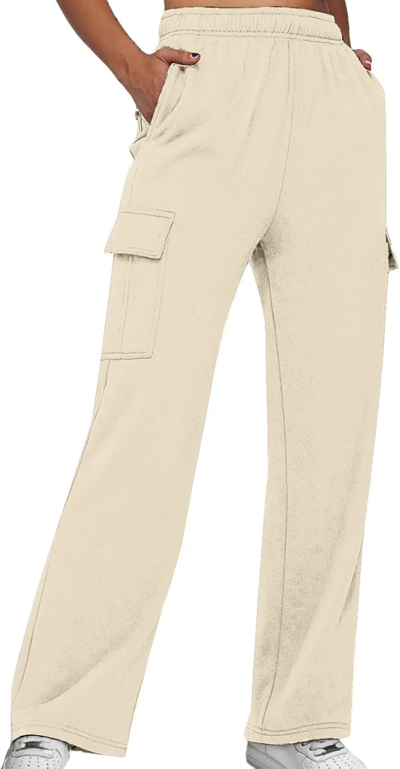 Miyaomn Women's Elastic Waisted Athletic Cargo Trackpants Casual Solid Workout Running Open Bottom Joggers with Flap Pockets