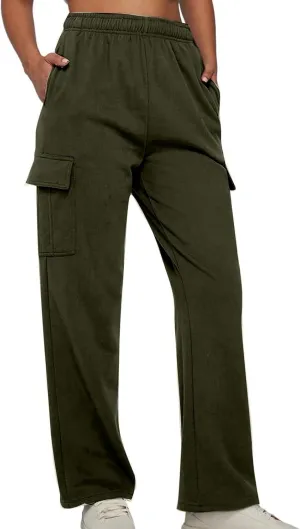 Miyaomn Women's Elastic Waisted Athletic Cargo Trackpants Casual Solid Workout Running Open Bottom Joggers with Flap Pockets