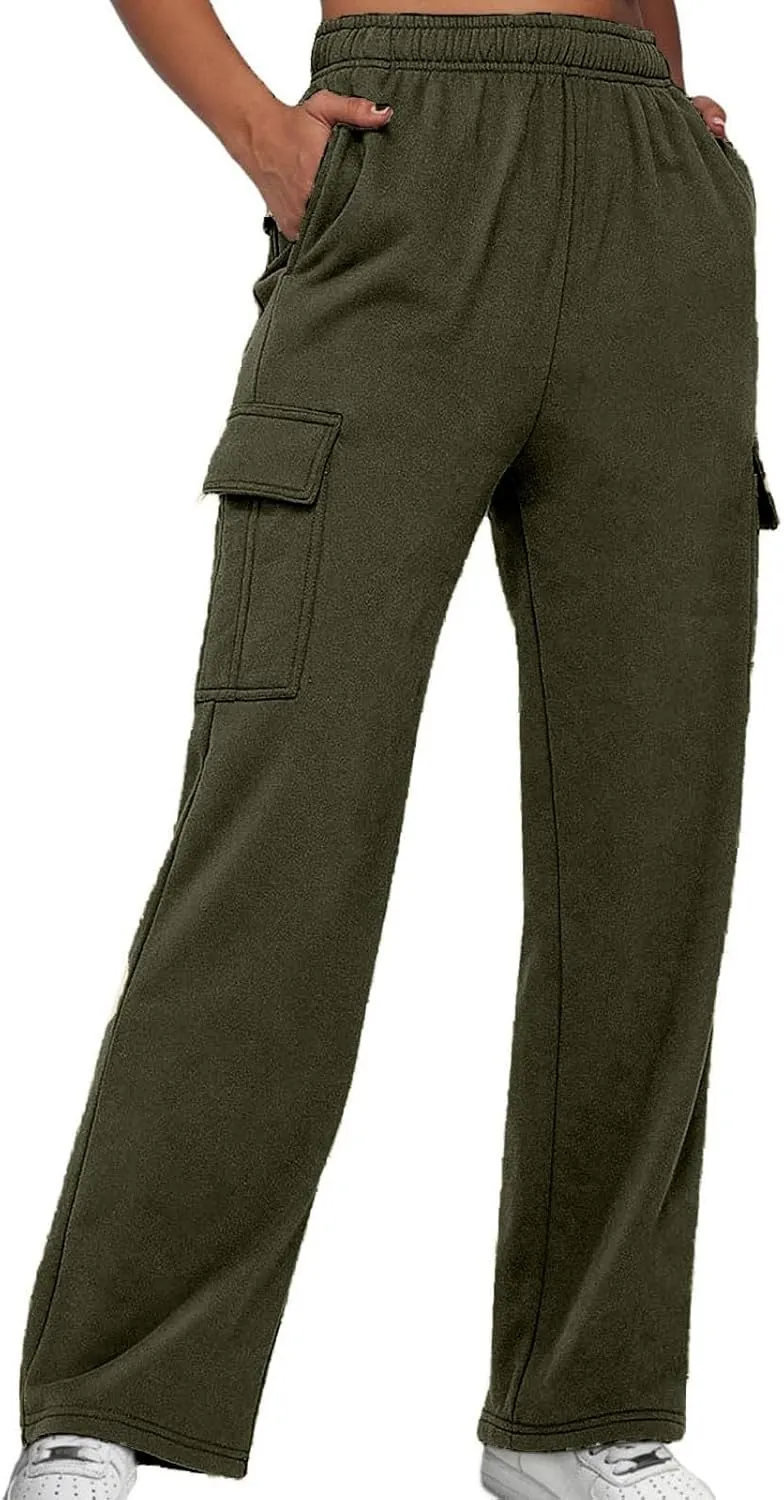Miyaomn Women's Elastic Waisted Athletic Cargo Trackpants Casual Solid Workout Running Open Bottom Joggers with Flap Pockets