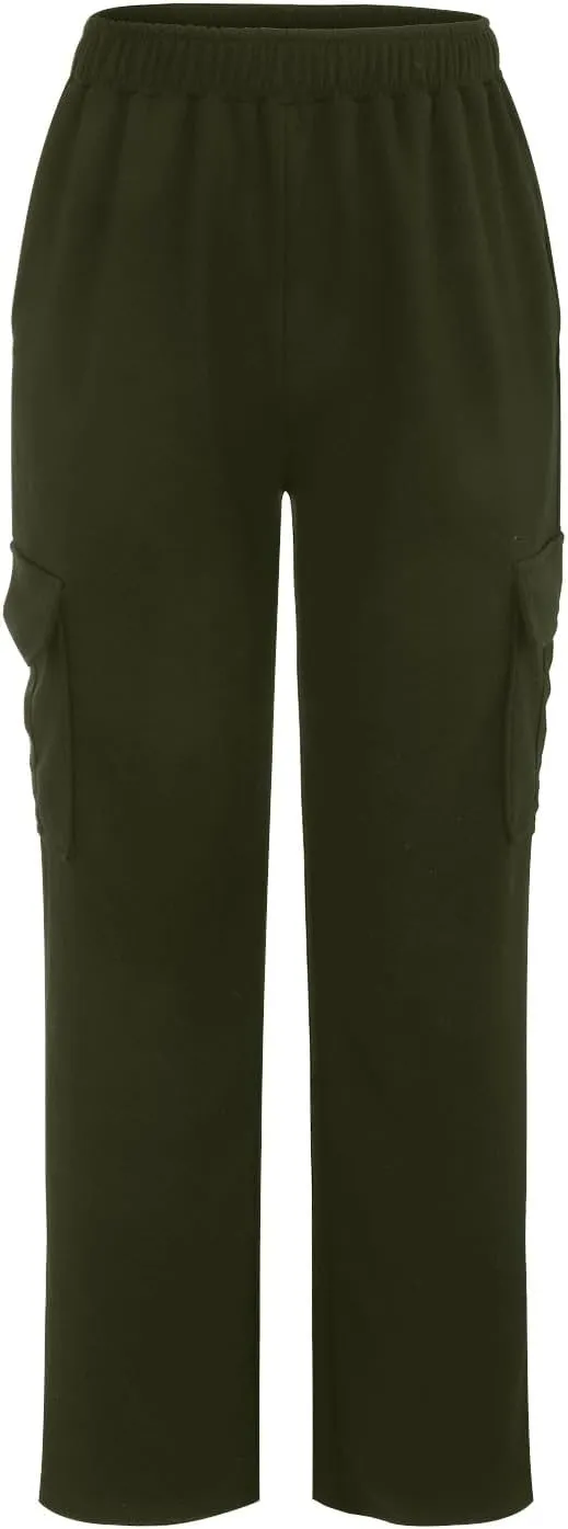 Miyaomn Women's Elastic Waisted Athletic Cargo Trackpants Casual Solid Workout Running Open Bottom Joggers with Flap Pockets