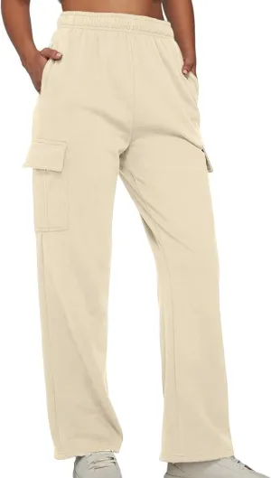 Miyaomn Women's Elastic Waisted Athletic Cargo Trackpants Casual Solid Workout Running Open Bottom Joggers with Flap Pockets