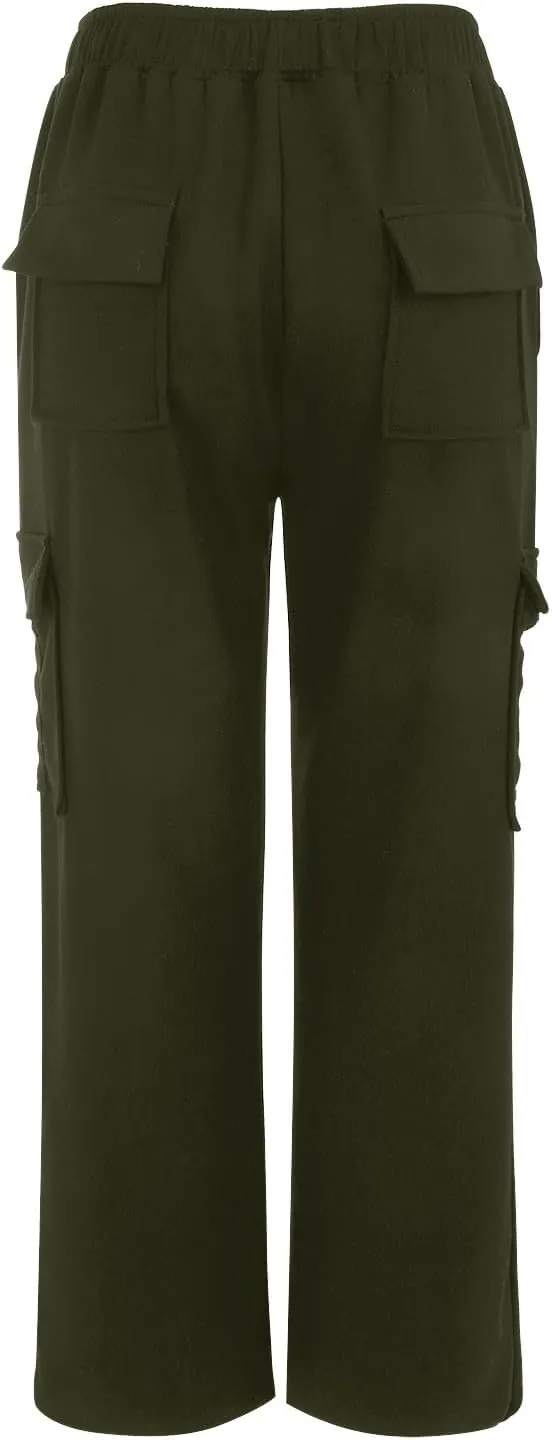 Miyaomn Women's Elastic Waisted Athletic Cargo Trackpants Casual Solid Workout Running Open Bottom Joggers with Flap Pockets