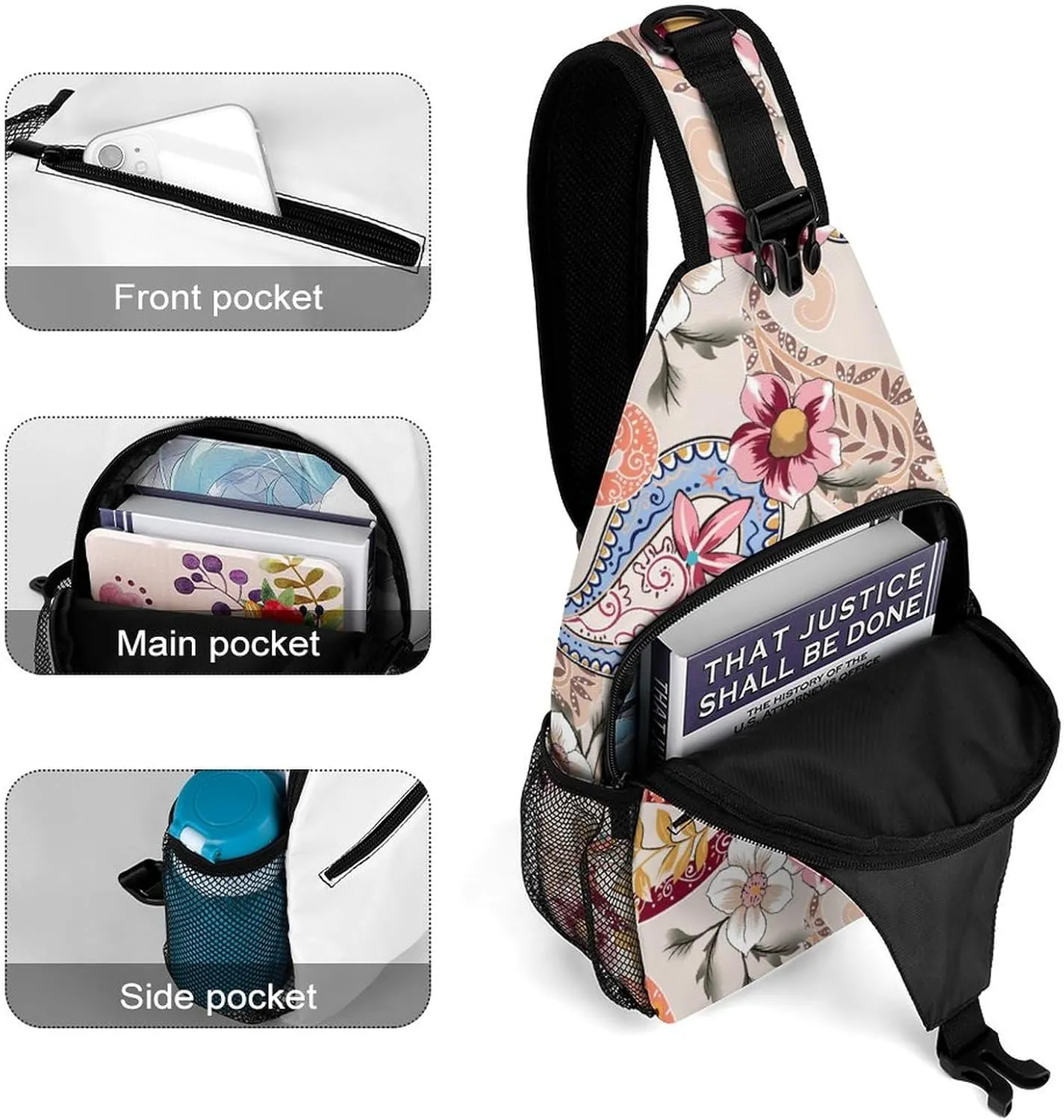 MoBlinko Sling Bag Pink Paisley Flowers Women Crossbody Sling Backpack Chest Bag for Hiking Cycling Travel Gift