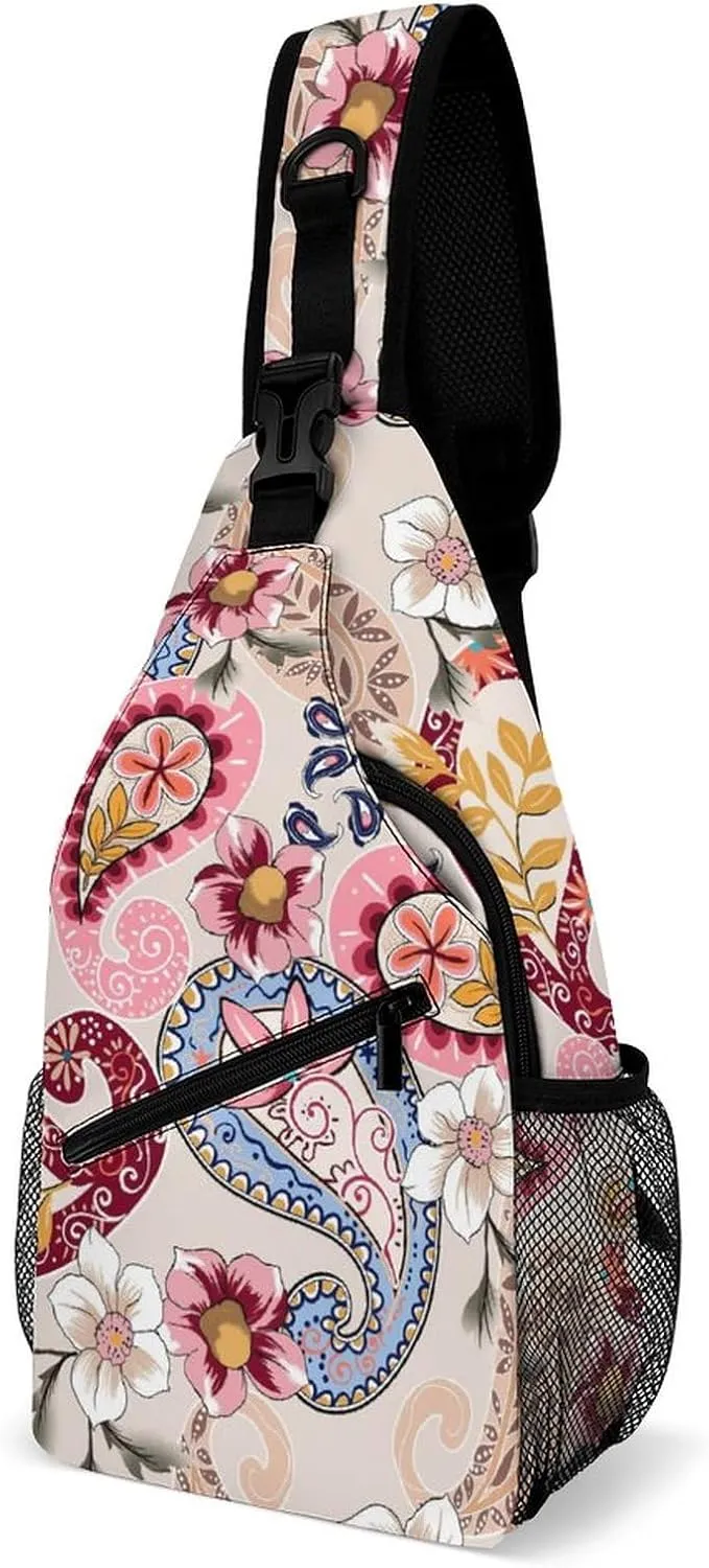 MoBlinko Sling Bag Pink Paisley Flowers Women Crossbody Sling Backpack Chest Bag for Hiking Cycling Travel Gift