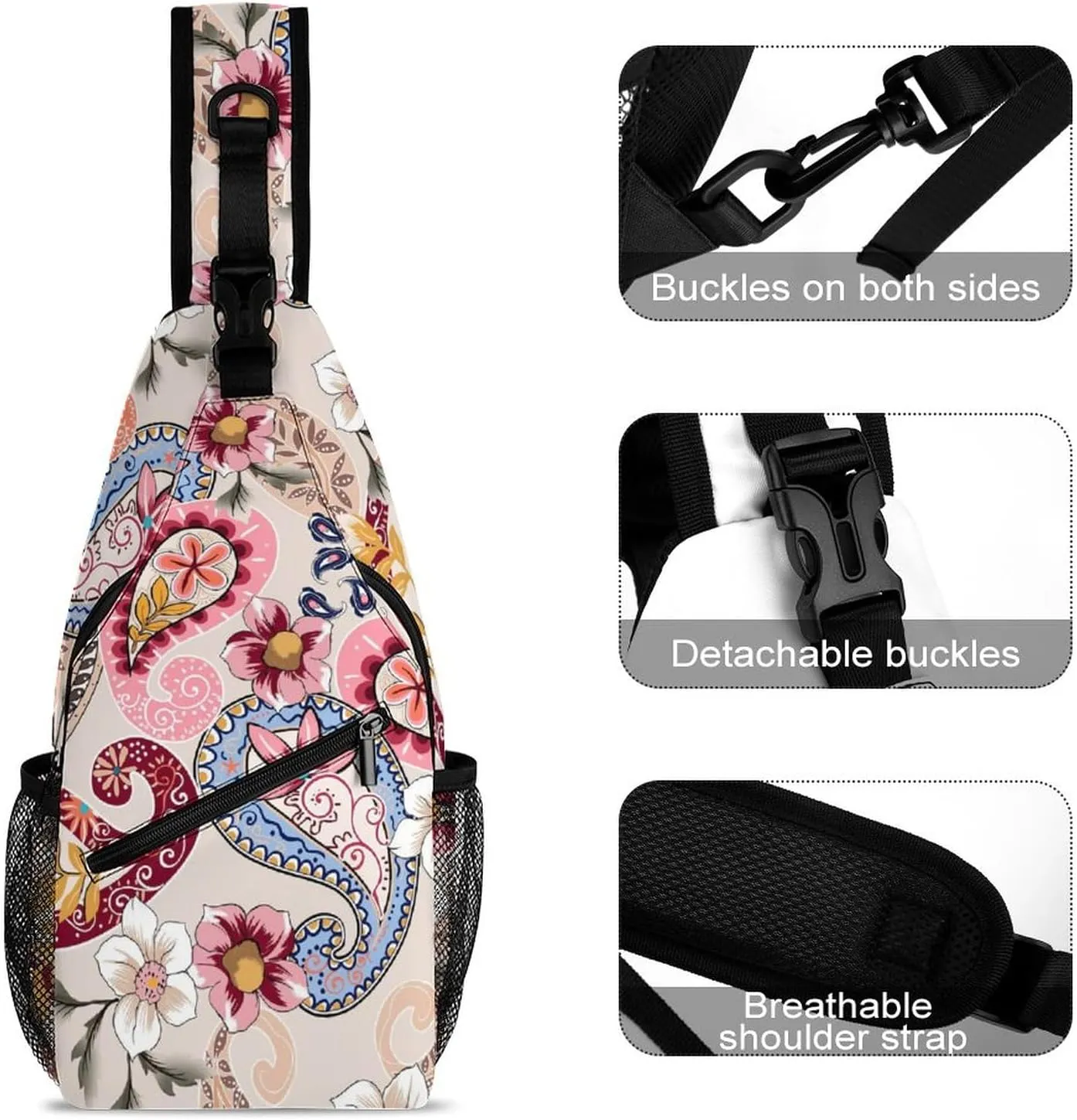 MoBlinko Sling Bag Pink Paisley Flowers Women Crossbody Sling Backpack Chest Bag for Hiking Cycling Travel Gift