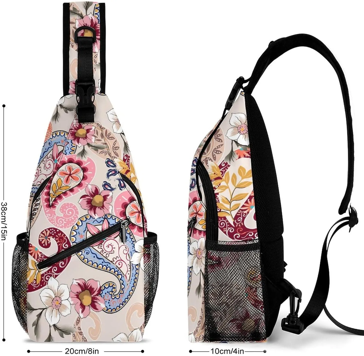 MoBlinko Sling Bag Pink Paisley Flowers Women Crossbody Sling Backpack Chest Bag for Hiking Cycling Travel Gift