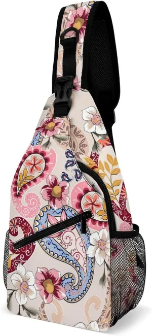 MoBlinko Sling Bag Pink Paisley Flowers Women Crossbody Sling Backpack Chest Bag for Hiking Cycling Travel Gift