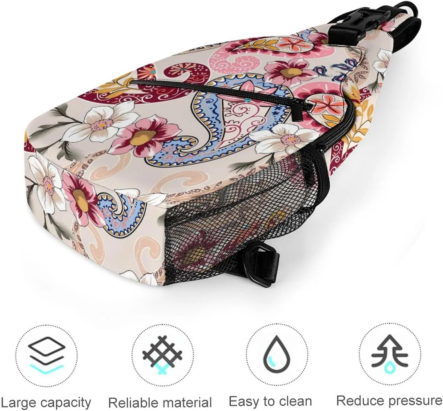 MoBlinko Sling Bag Pink Paisley Flowers Women Crossbody Sling Backpack Chest Bag for Hiking Cycling Travel Gift