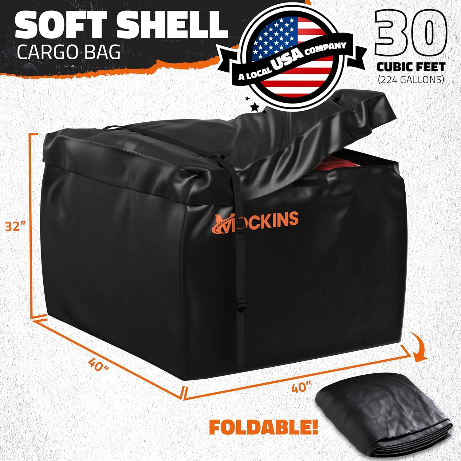 Mockins 30 Cubic Ft Square Trailer Hitch Cargo Carrier Bag | 40"x40"x32" All-Weather Cargo Bag for Hitch Carrier | 500D PVC Soft-Shell Waterproof Truck Bed Storage w/Waterproof Zippers, Straps & Lock