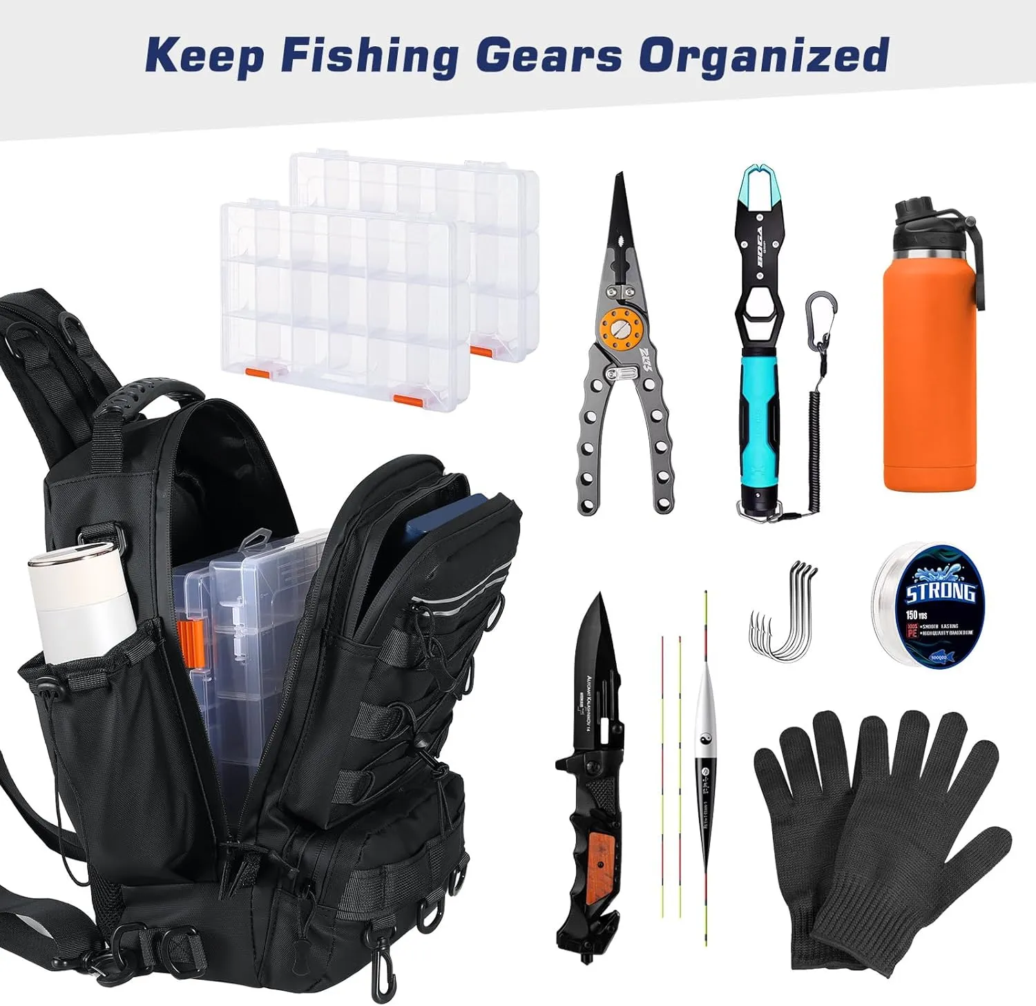 MoKo Fishing Backpack Sling Bag with Rod & Gear Holder, Nylon Waterproof Fishing Tackle Storage Bag for Fishing, Camping, Hiking, Hunting, Fishing Gifts for Men Father, Black