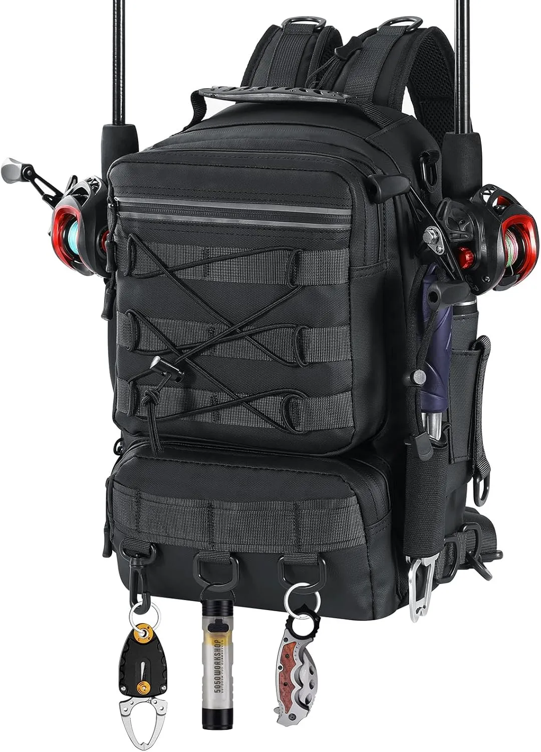 MoKo Fishing Backpack Sling Bag with Rod & Gear Holder, Nylon Waterproof Fishing Tackle Storage Bag for Fishing, Camping, Hiking, Hunting, Fishing Gifts for Men Father, Black