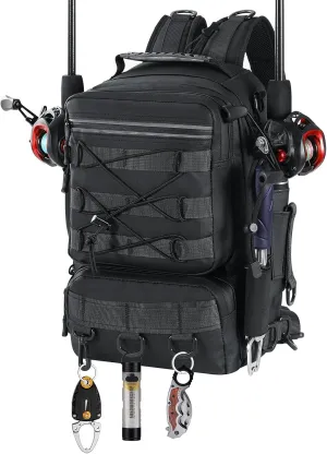 MoKo Fishing Backpack Sling Bag with Rod & Gear Holder, Nylon Waterproof Fishing Tackle Storage Bag for Fishing, Camping, Hiking, Hunting, Fishing Gifts for Men Father, Black