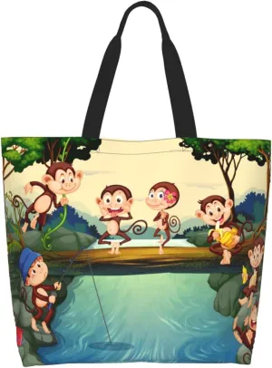 Monkey Animals Canvas Tote Bag Cute Shoulder Bag Handbag Casual Animal Grocery Bags Monkey Bag for Outdoors