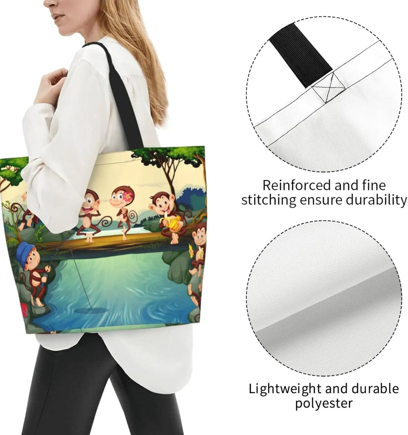 Monkey Animals Canvas Tote Bag Cute Shoulder Bag Handbag Casual Animal Grocery Bags Monkey Bag for Outdoors