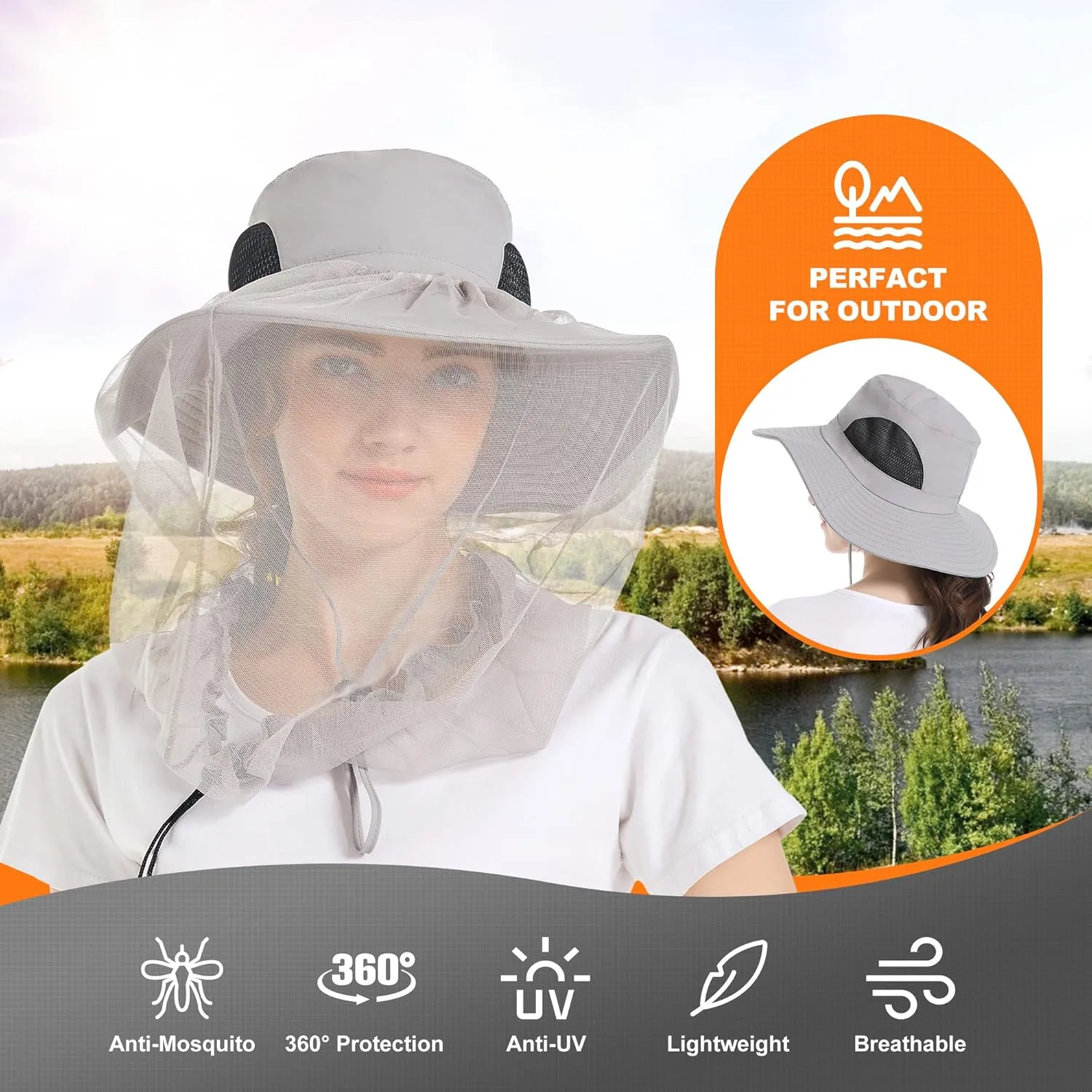 Mosquito Net Hat - Safari Sun Visor Hat with Removable Bug Net for Outdoor Men and Women