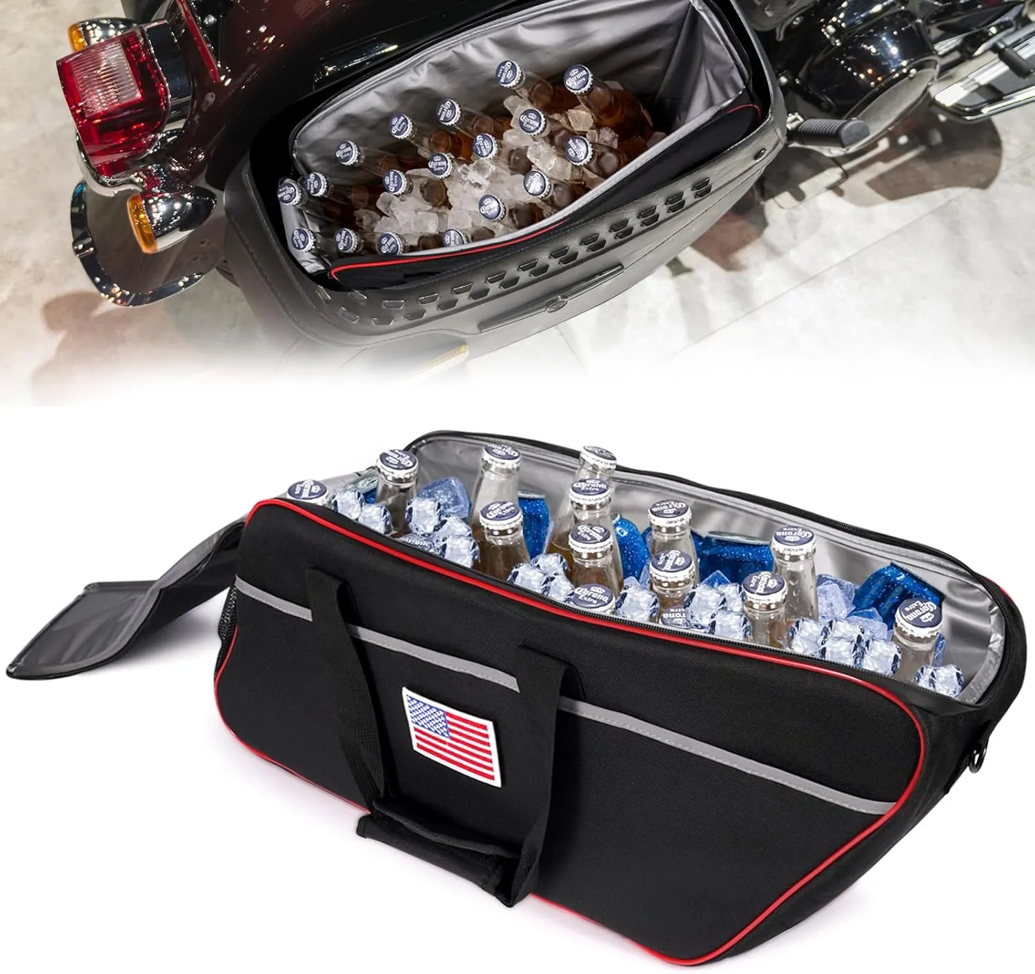 Motorcycle Cooler Bag is Designed to Fit Models from Harley-Davidson and Indian with Side Trunks. It is Crafted from Premium Fabrics and Features Waterproof Technology.