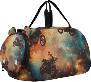 Motorcycle Galaxy Nebula Duffle Bag for Toddler Boys Girls, Gym Sports Bag with Shoe Compartments, Kids Travel Overnight Weekender Shoulder Bag