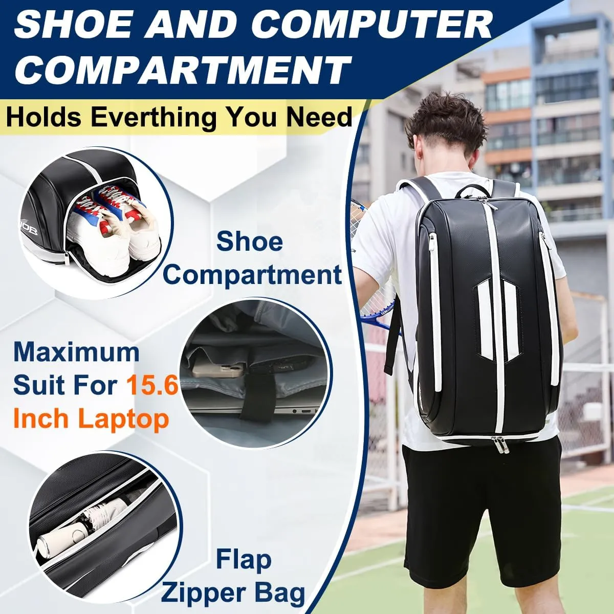 Multi-Use Beach Tennis Bag For Sport Convertible Padel Backpack With Shoe Compartment, Laptop Sleeve,Fence Hook,Ball Sleeve