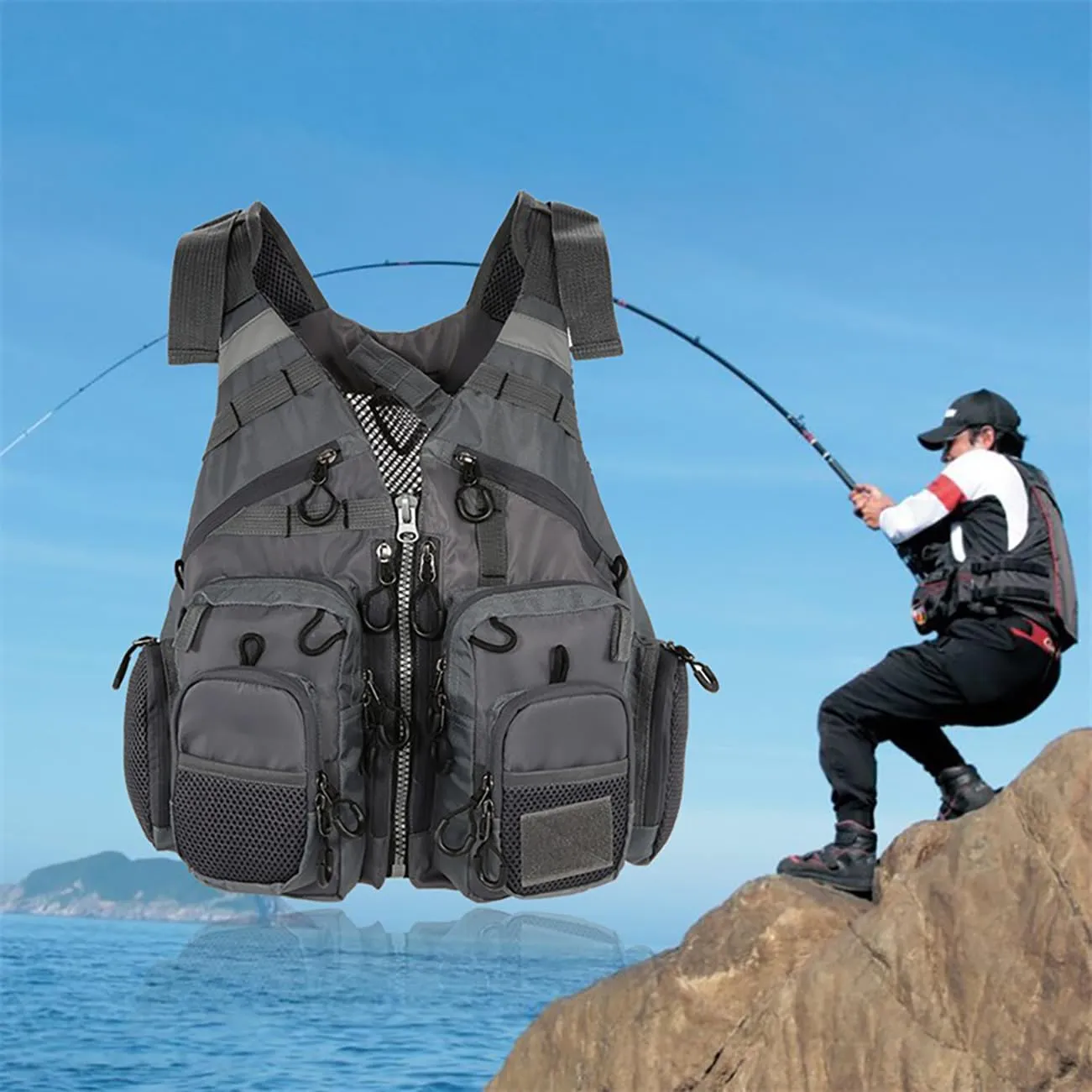 Multifunctional Kayak Life Jackets for Adults - Fishing, Multi Pocket Portable Detachable Clothing with Floating Material Breathable Life-Saving Rock Fishing