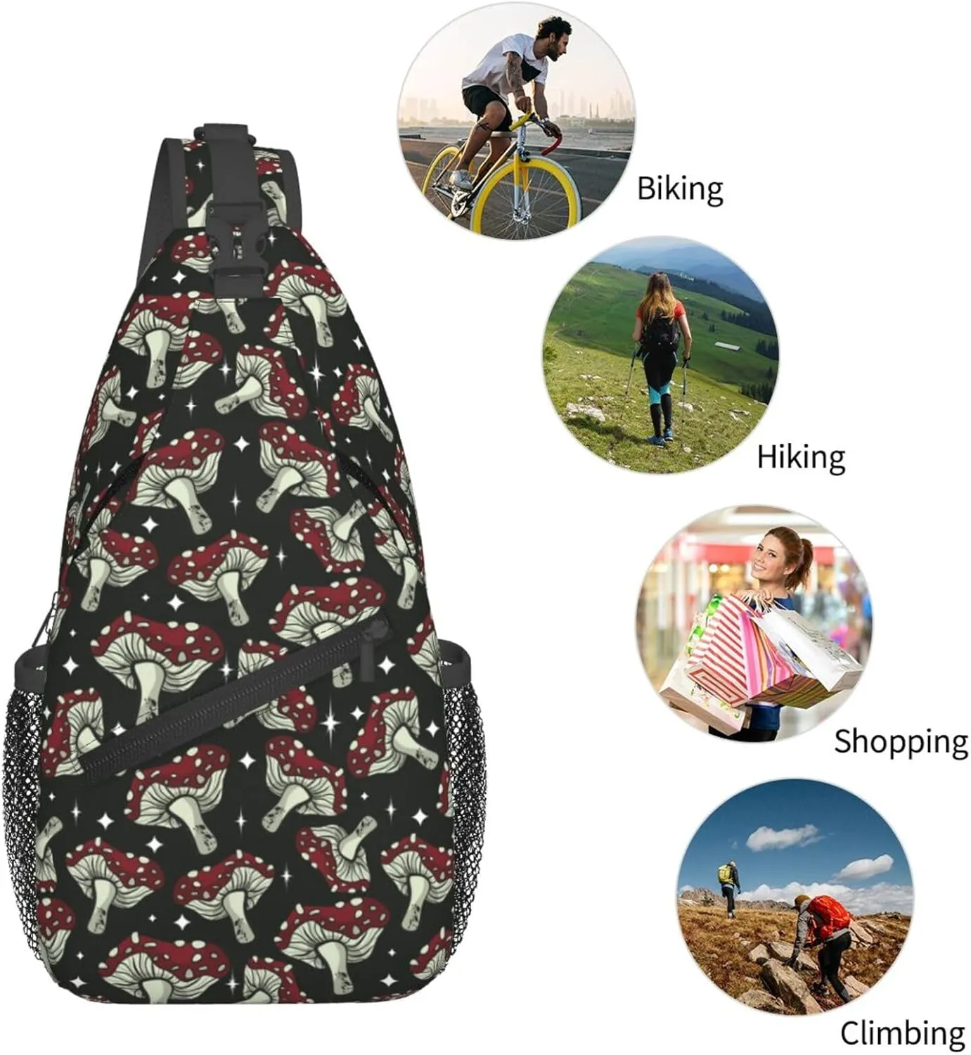 Mushroom Different Chest Sling Bag Crossbody Shoulder Backpack Bag Gym Cycling Daypack Travel Hiking Cross Bag