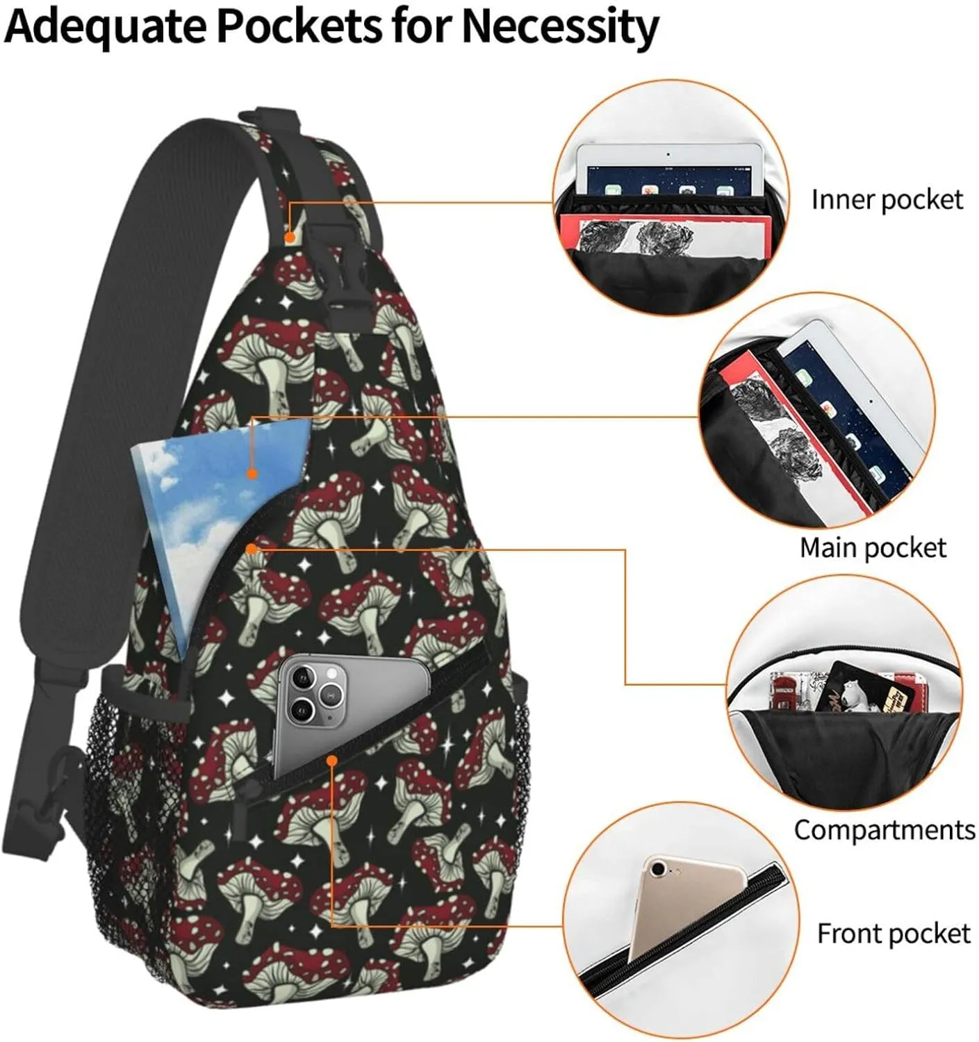 Mushroom Different Chest Sling Bag Crossbody Shoulder Backpack Bag Gym Cycling Daypack Travel Hiking Cross Bag