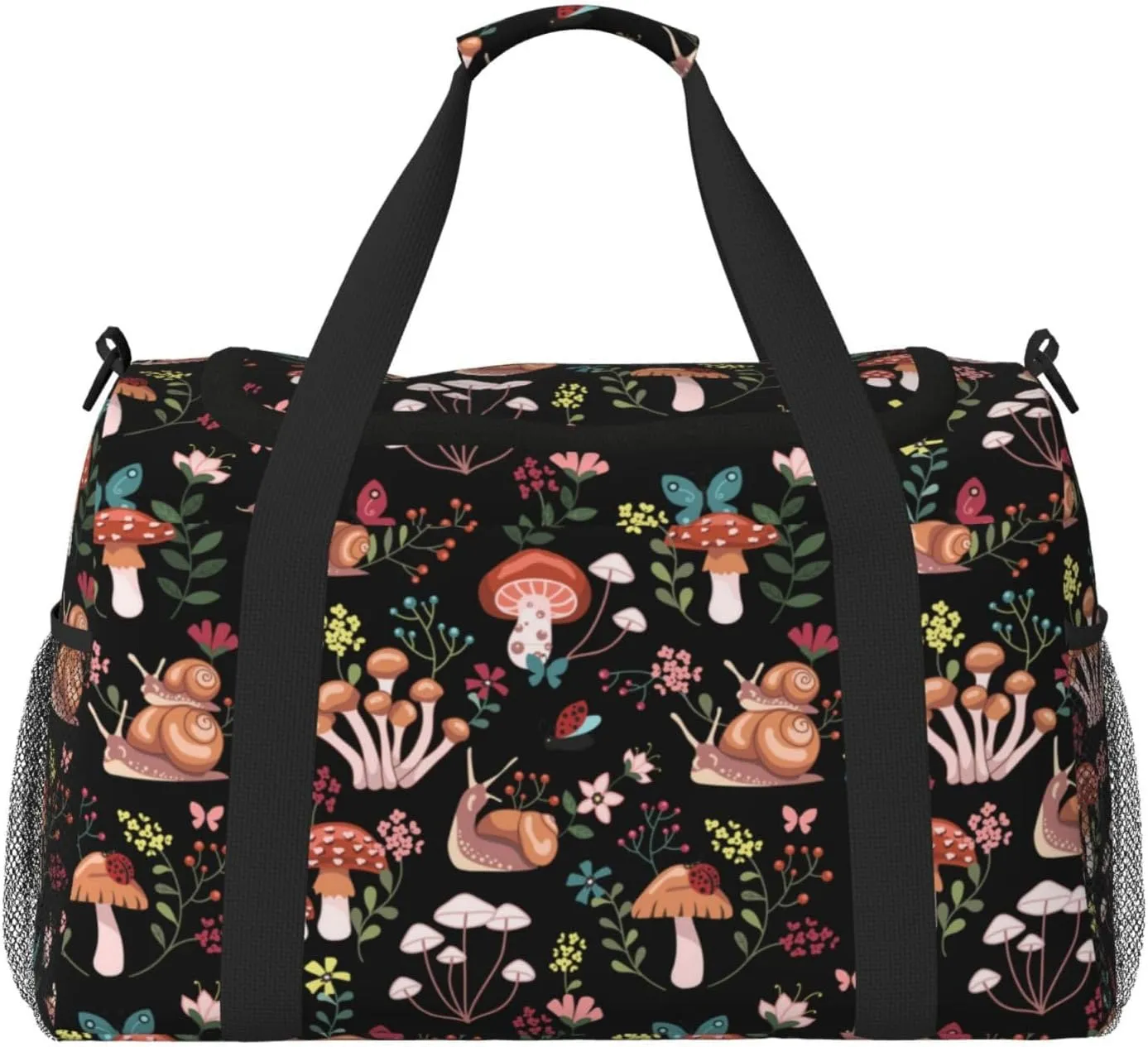 Mushrooms Snails Duffle Bag for Travel Forest Leaf Sports Gym Tote Carry On Bag Large Shoulder Weekend Overnight for Workout