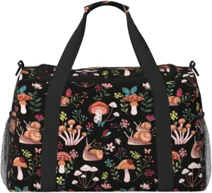 Mushrooms Snails Duffle Bag for Travel Forest Leaf Sports Gym Tote Carry On Bag Large Shoulder Weekend Overnight for Workout