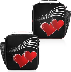Music Note Red Love Heart Insulated Lunch Bag Reusable Waterproofing Lunch Box with Shoulder Strap Handle and Water Bottle Net Bag for Travel Camping Beach Picnic