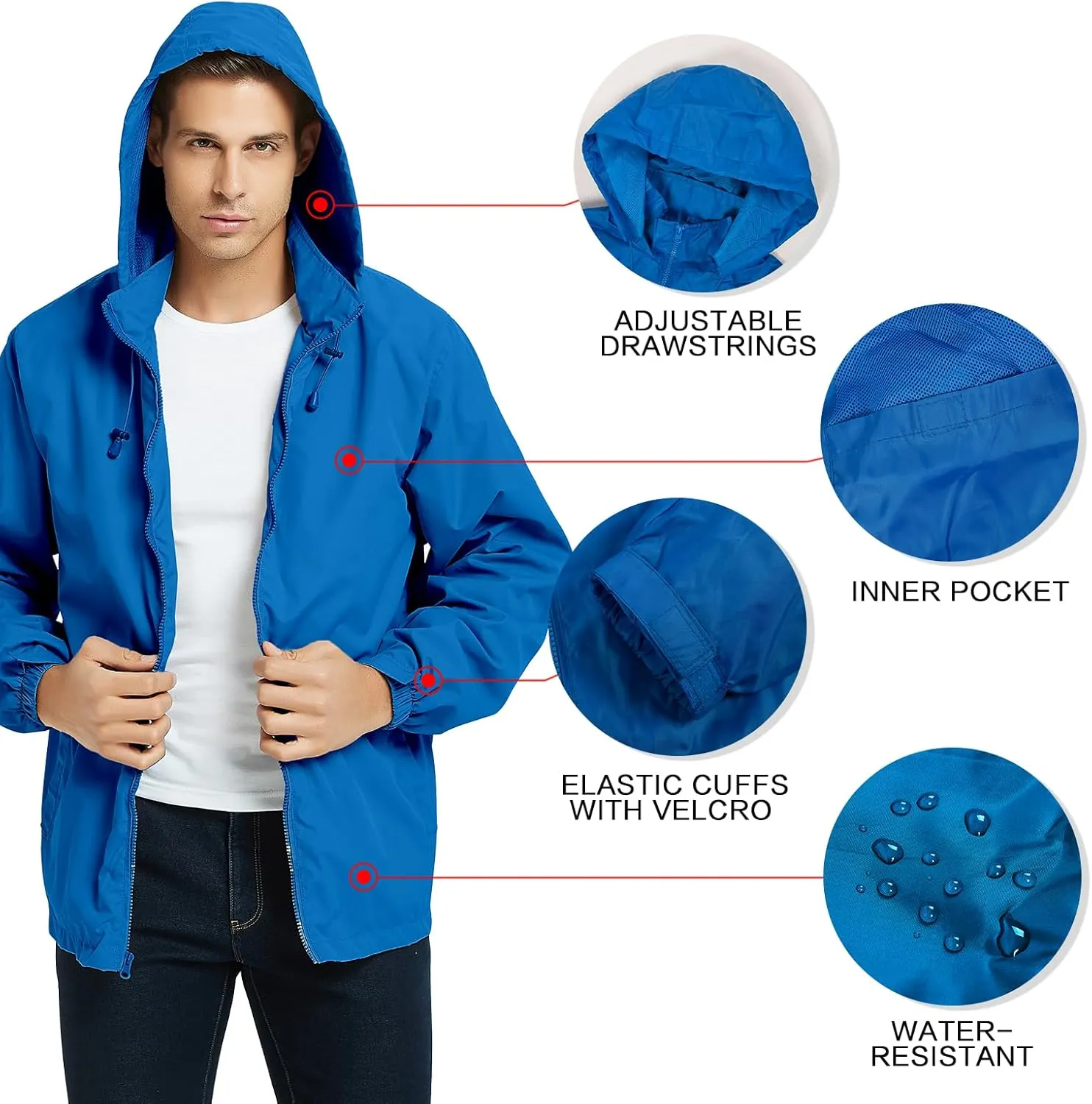 Mywu Mens Windbreaker Jackets Lightweight Rain Jacket Waterproof Raincoat with Hood Outdoor Running Hiking Cycling