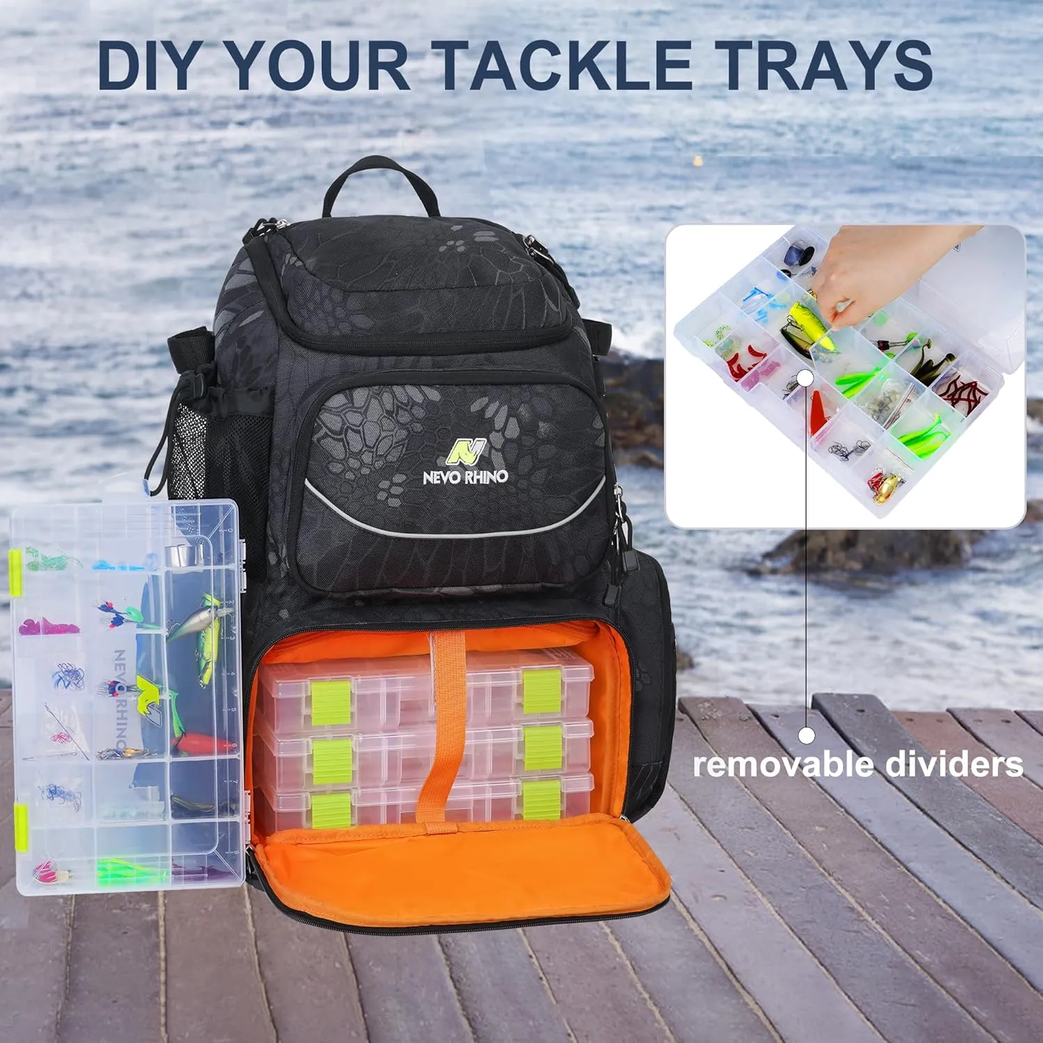 N NEVO RHINO 40L Fishing Tackle Backpack: Contains 4 Tackle Boxes, Rod Holders, Waterproof Rain Cover, High-performance,Multi-pocket, Large-capacity and Sturdy Fishing Backpack