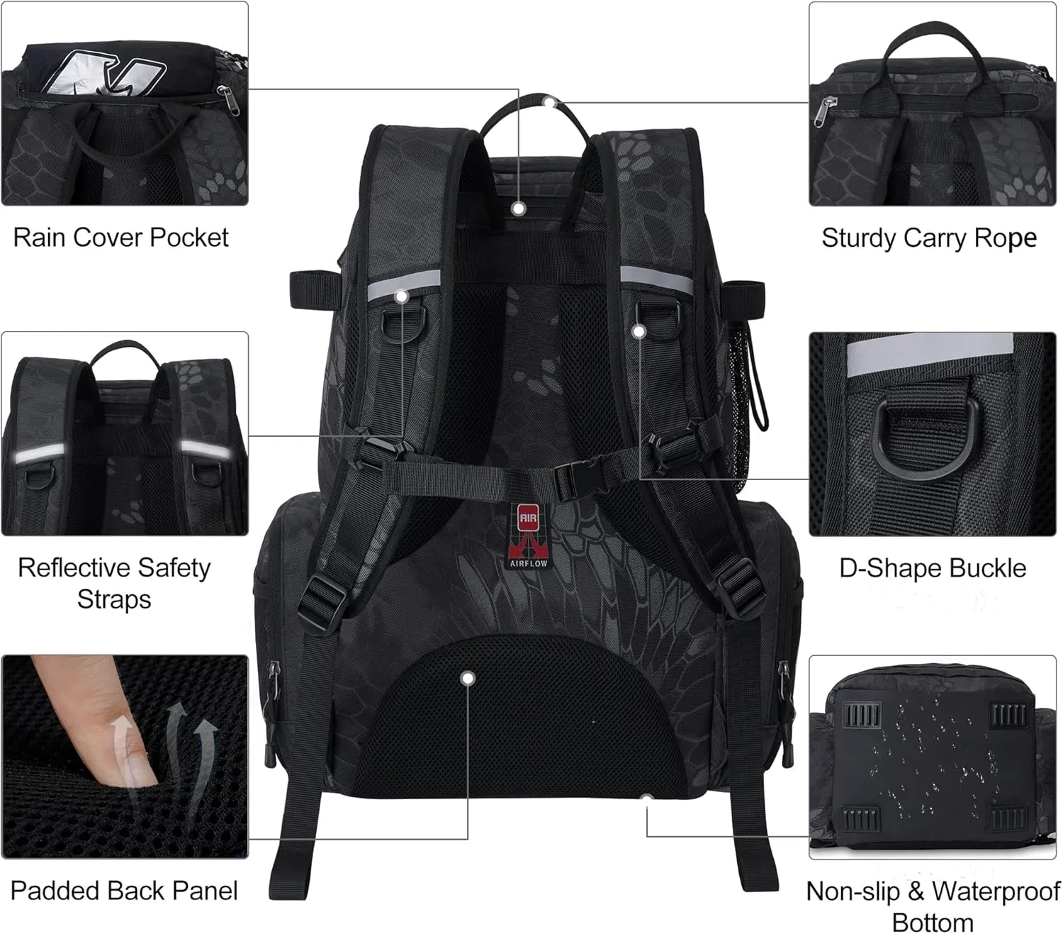 N NEVO RHINO 40L Fishing Tackle Backpack: Contains 4 Tackle Boxes, Rod Holders, Waterproof Rain Cover, High-performance,Multi-pocket, Large-capacity and Sturdy Fishing Backpack