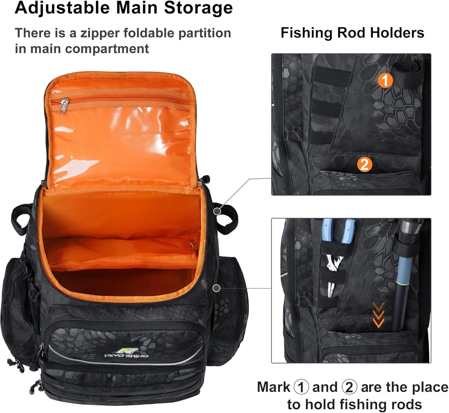 N NEVO RHINO 40L Fishing Tackle Backpack: Contains 4 Tackle Boxes, Rod Holders, Waterproof Rain Cover, High-performance,Multi-pocket, Large-capacity and Sturdy Fishing Backpack