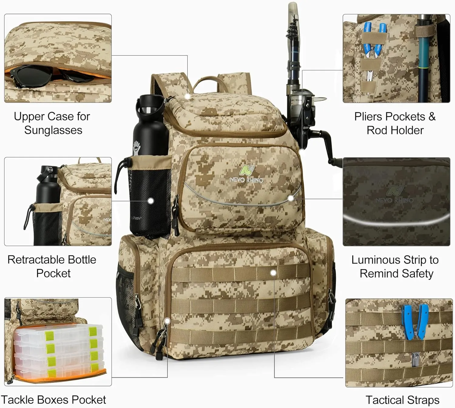 N NEVO RHINO 40L Fishing Tackle Backpack: Contains 4 Tackle Boxes, Rod Holders, Waterproof Rain Cover, High-performance,Multi-pocket, Large-capacity and Sturdy Fishing Backpack