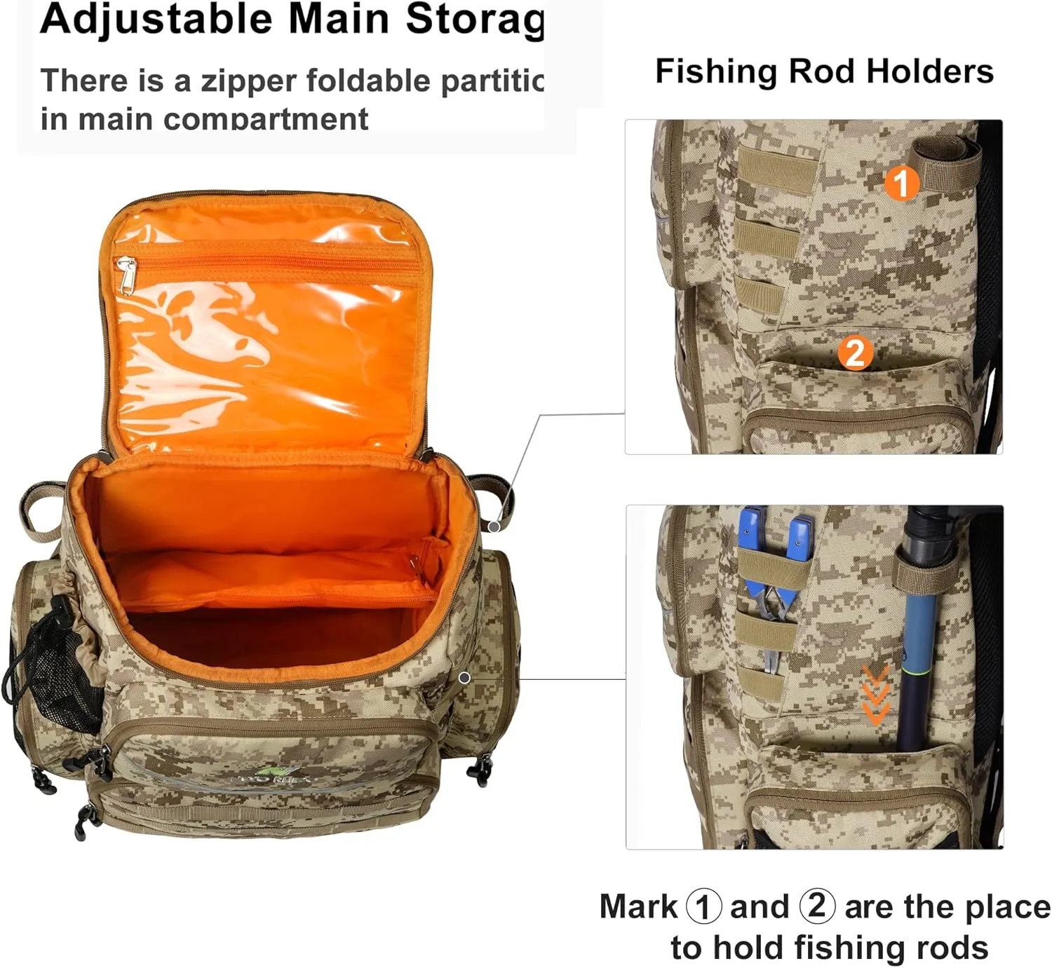 N NEVO RHINO 40L Fishing Tackle Backpack: Contains 4 Tackle Boxes, Rod Holders, Waterproof Rain Cover, High-performance,Multi-pocket, Large-capacity and Sturdy Fishing Backpack