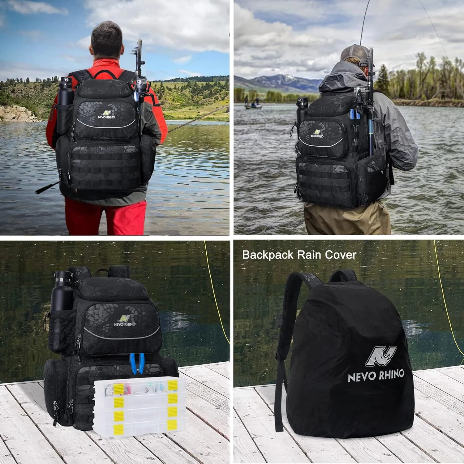 N NEVO RHINO 40L Fishing Tackle Backpack: Contains 4 Tackle Boxes, Rod Holders, Waterproof Rain Cover, High-performance,Multi-pocket, Large-capacity and Sturdy Fishing Backpack