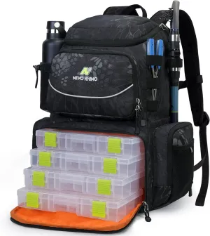 N NEVO RHINO 40L Fishing Tackle Backpack: Contains 4 Tackle Boxes, Rod Holders, Waterproof Rain Cover, High-performance,Multi-pocket, Large-capacity and Sturdy Fishing Backpack
