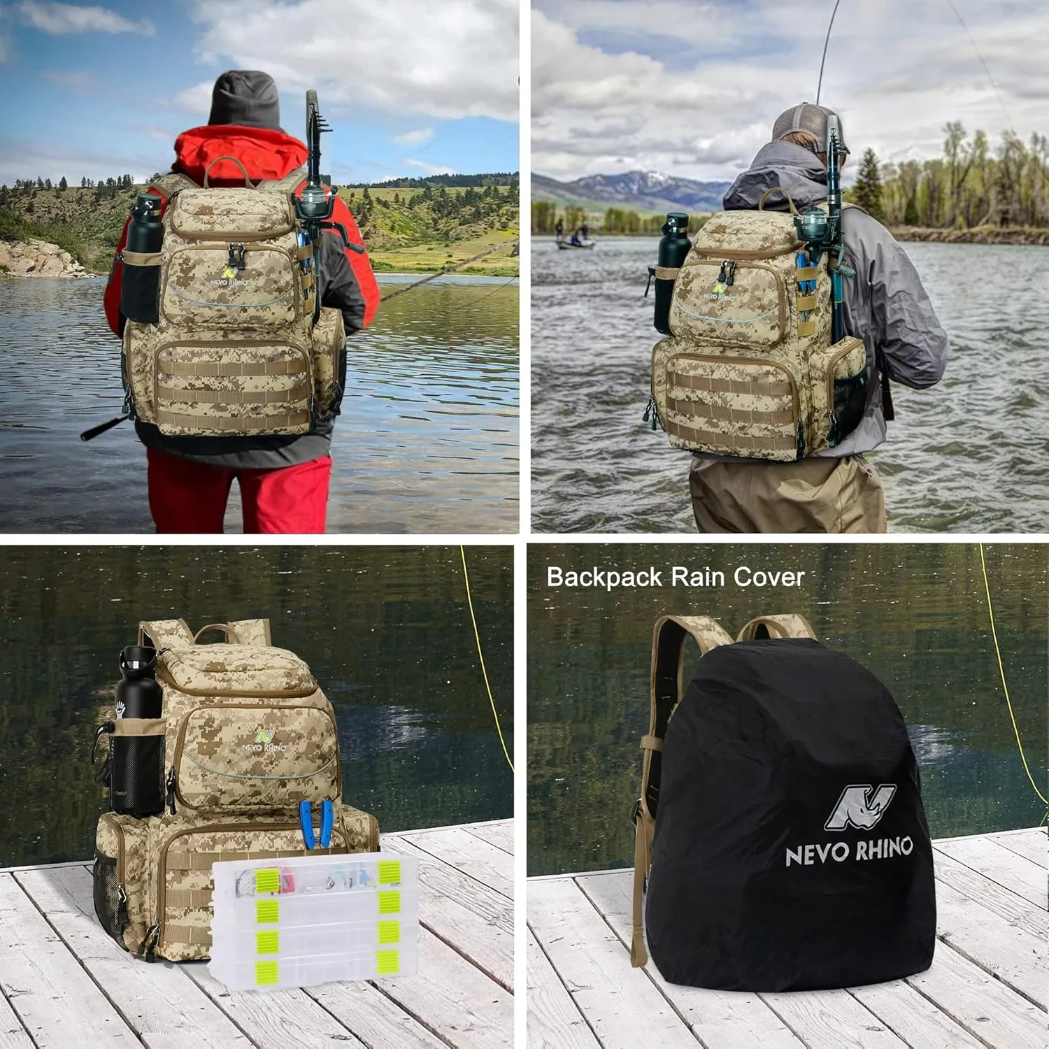 N NEVO RHINO 40L Fishing Tackle Backpack: Contains 4 Tackle Boxes, Rod Holders, Waterproof Rain Cover, High-performance,Multi-pocket, Large-capacity and Sturdy Fishing Backpack