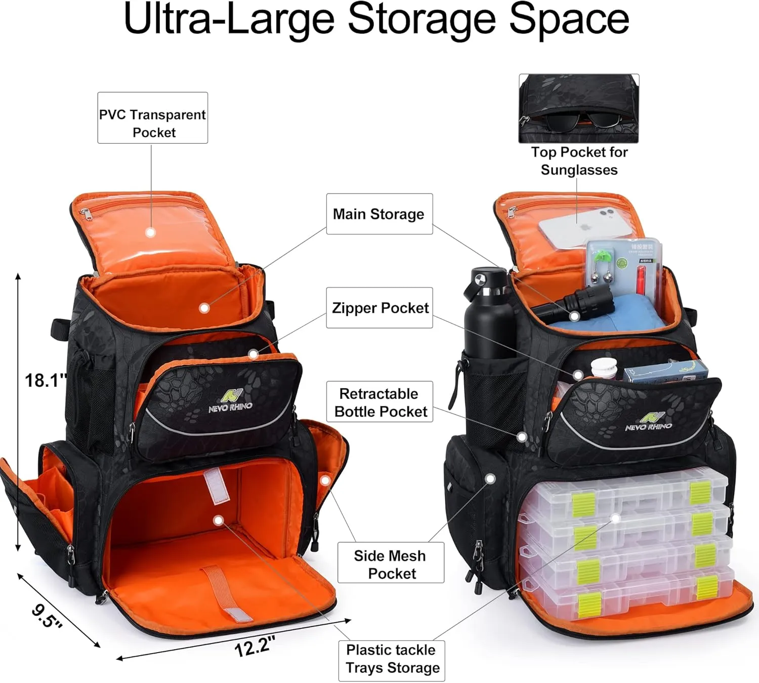 N NEVO RHINO 40L Fishing Tackle Backpack: Contains 4 Tackle Boxes, Rod Holders, Waterproof Rain Cover, High-performance,Multi-pocket, Large-capacity and Sturdy Fishing Backpack